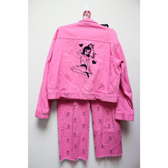 Lazy Oaf Kita Pink Heart Pinup Girl 2 PC Jacket Denim Jean Pants Set Small/24 - Picture 3 of 13